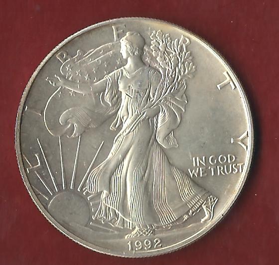  USA 1 D. Silver Eagle 1992 St  ohne Kapsel. Koblenzer Münzen Studio Koblenz Frank Maurer AH660   