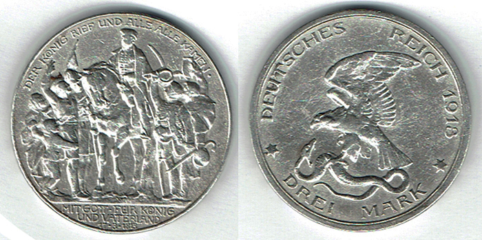  SZAIVERT KAISERREICH PREUSSEN WILHELM II 3 MARK 1913 DER KÖNIG RIEF   