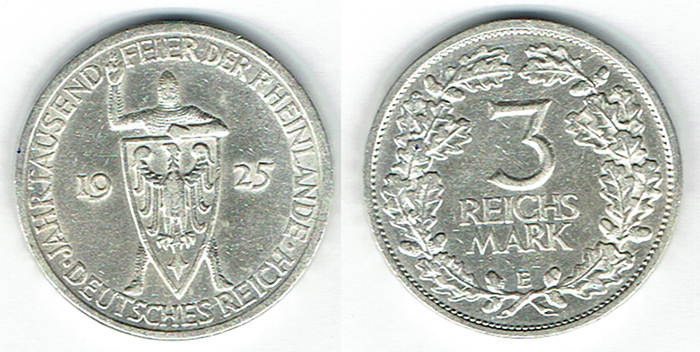  SZAIVERT DEUTSCHLAND WEIMARER REPUBLIK 3 MARK RHEINLANDE 1925 E   