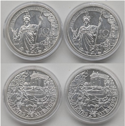  2x 10-Euro-Münzen Österreich, 60 Jahre zweite Republik - 2005   