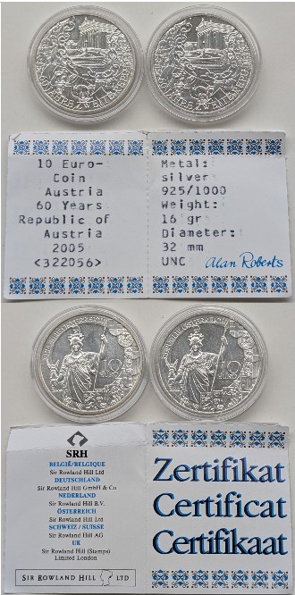  2x 10-Euro-Münzen Österreich, 60 Jahre zweite Republik - 2005   