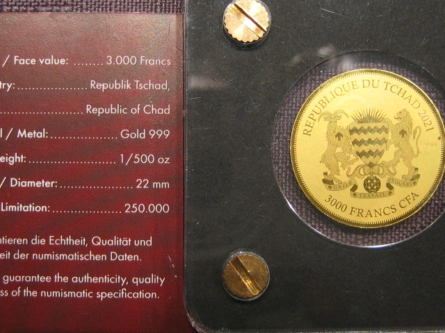  Tschad 3000 Francs 2021. 1/500 Unze Gold   