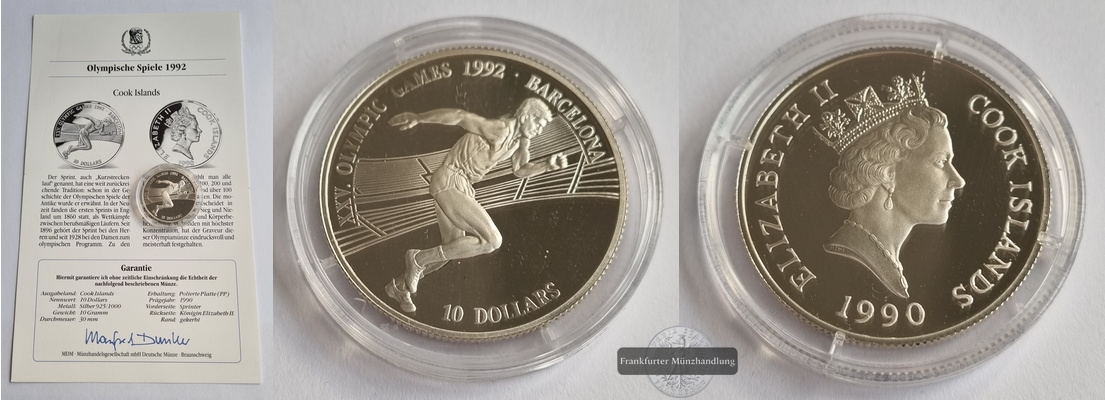  Cook Island,  10 Dollar 1990 Olympic Games 1992 FM-Frankfurt  Feinsilber: 9,25g   