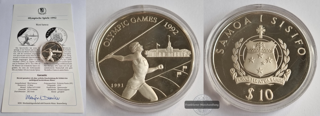  Samoa, 10 Tala  1991  Olympic Games   FM-Frankfurt  Feinsilber: 31,11g   