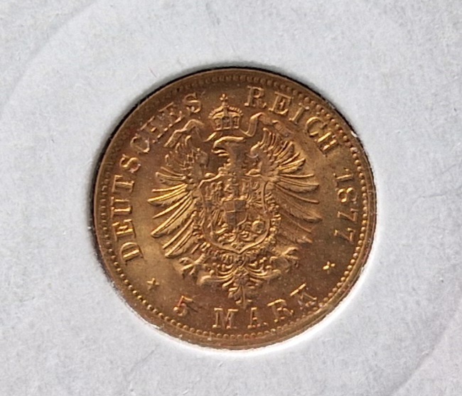  5 Mark Kaiserreich Sachsen 1877 gold vz+/vz.st.   