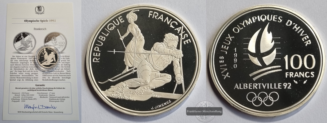  Frankreich  100 Francs  1990  Olympische Spiele '92 in Albertville  FM-Frankfurt Feinsilber: 19,98g   