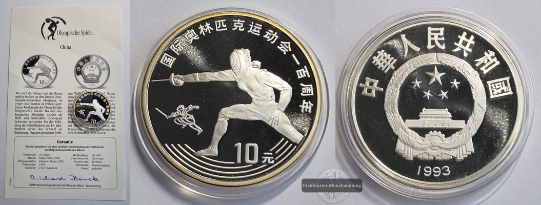  China  10 Yuan  1993  Olympiade - Fechten  FM-Frankfurt Feinsilber: 27g   