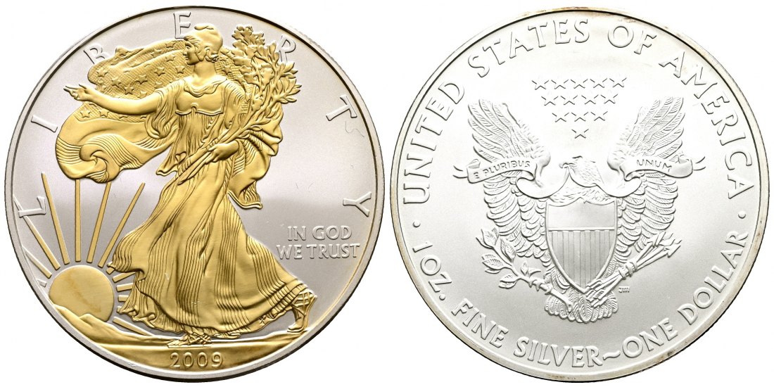 PEUS 2424 USA 31,1 g Feinsilber. American Eagle Dollar SILBER Unze teilvergoldet 2009 Uncirculated (Kapsel)