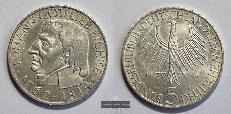  Deutschland 5 Mark 1964 J Fichte FM-Frankfurt KM#118 Feinsilber: 7g   