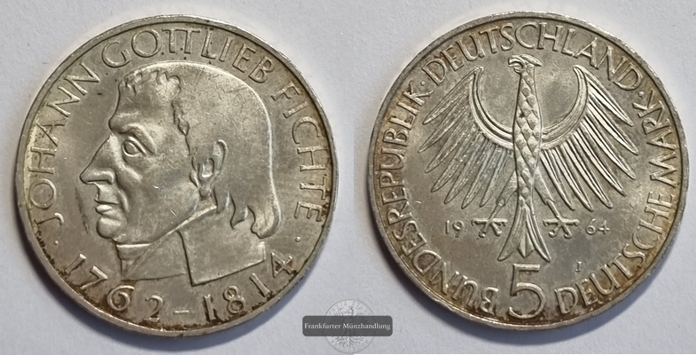  Deutschland 5 Mark 1964 J Fichte FM-Frankfurt KM#118 Feinsilber: 7g   