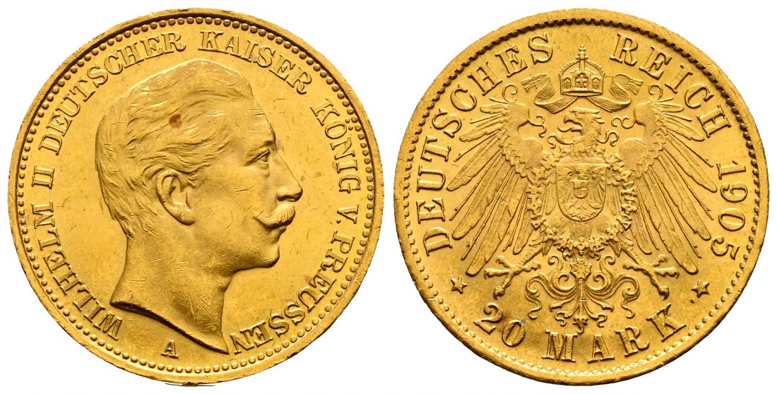 PEUS 2428 Kaiserreich - Preußen 7,16 g Feingold. Wilhelm II. 20 Mark GOLD 1905 A Kl. Kratzer, sehr schön / Vorzüglich