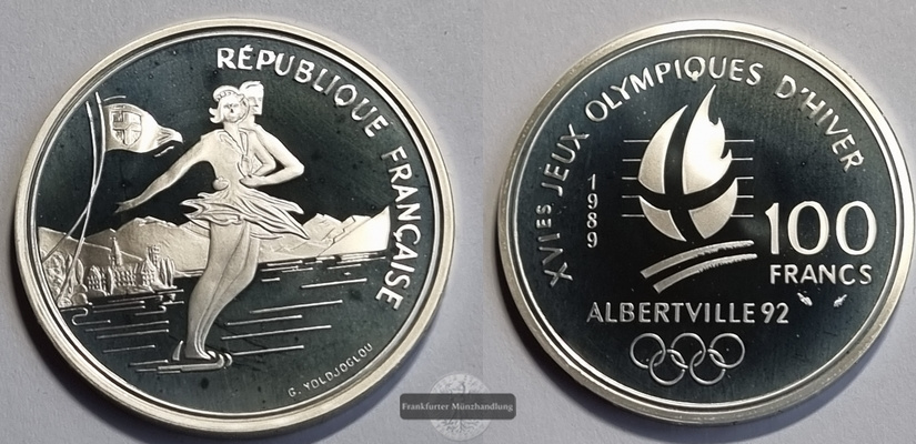  Frankreich  100 Francs  1989 Olympische Spiele  Albertville 1992   FM-Frankfurt Feinsilber: 19,98g   