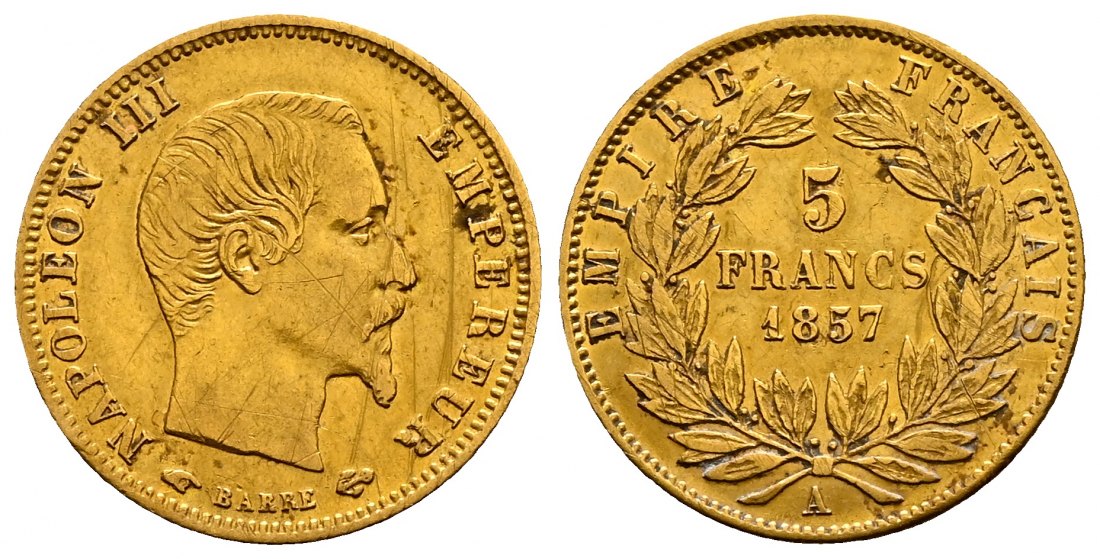 PEUS 2430 Frankreich 1,45 g Feingold. Napoleon III. 5 Francs GOLD 1857 A Kratzer, Sehr schön