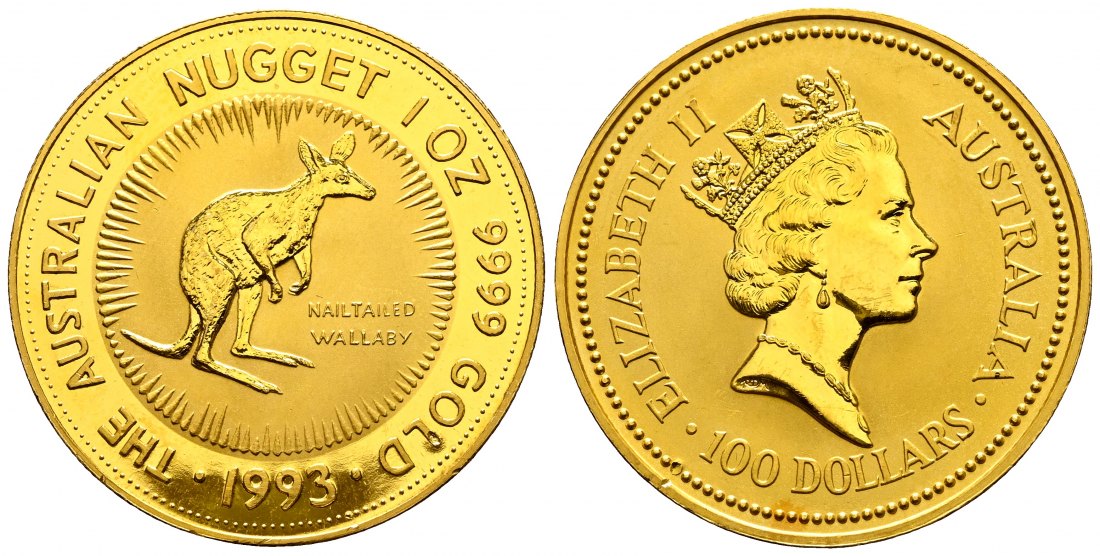 PEUS 2431 Australien 31,1 g Feingold. Nagelkänguru 100 Dollars GOLD Unze 1993 Almost uncirculated, rote Verfärbung