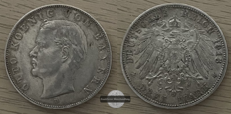  Deutsches Kaiserreich. Bayern, Otto.  3 Mark  1913 D   FM-Frankfurt   Feinsilber: 15g   