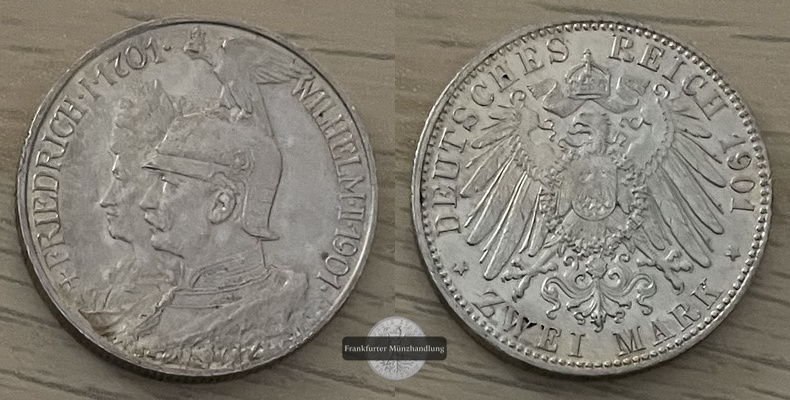  Deutsches Kaiserreich 2 Mark 1901 A - 200 Jahre Preußen FM-Frankfurt KM#525 Feinsilber: 10g   