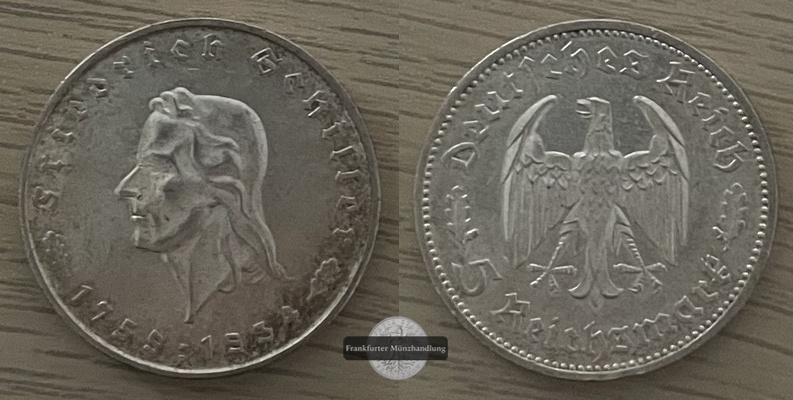  Deutschland, Drittes Reich 1933-45. 5 Reichsmark 1934 F Schiller   FM-Frankfurt  Feinsilber: 12,5g   