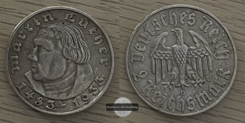  Deutschland, Drittes Reich 1933-45.  2 Reichsmark 1933 D Luther  FM-Frankfurt  Feinsilber: 5g   