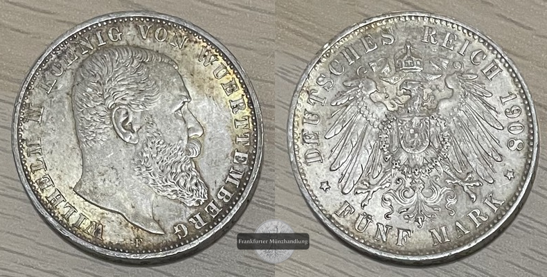  Deutsches Kaiserreich. Württemberg, Karl. 5 Mark 1908 F  FM-Frankfurt    Feinsilber: 25g   