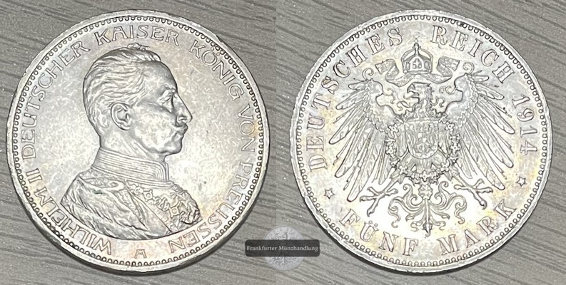  Deutschland Königreich Preußen 5 Mark 1914 A Wilhelm II Uniform FM-Frankfurt KM#536 Feinsilber: 25g   