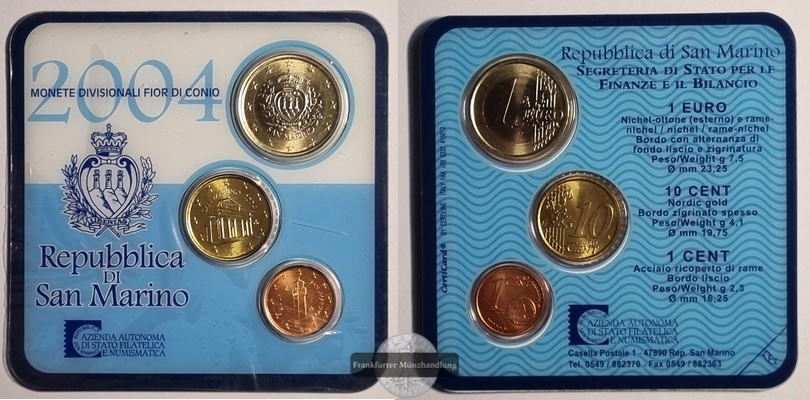  San Marino Euro-Minikursmünzensatz 2004, 1 Cent, 10 Cent und 1 Euro, FM-Frankfurt   