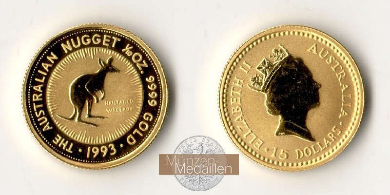 Australien 15 Dollar MM-Frankfurt Feingold: 3,11g Kangaroo 1993 