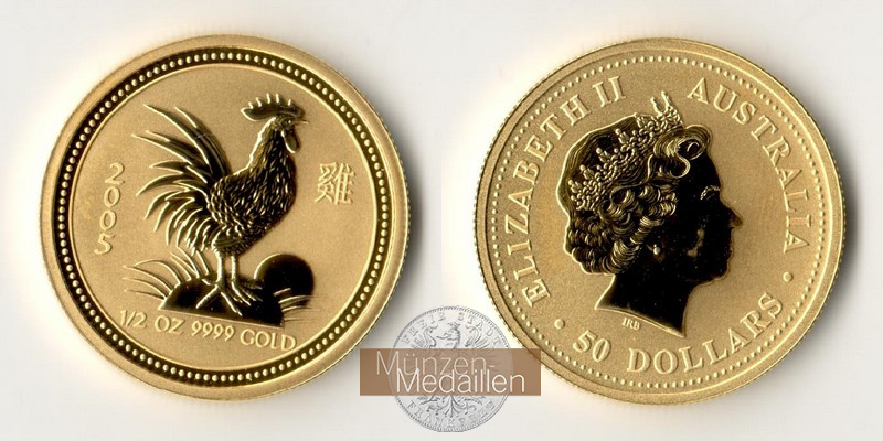 Australien  50 Dollar MM-Frankfurt Feingold: 15,55g Jahr des Hahns 2005 