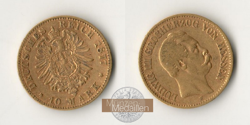 Hessen, Kaiserreich  10 Mark MM-Frankfurt   Feingold: 3,59g Ludwig III. 1848-1877 1877 H 