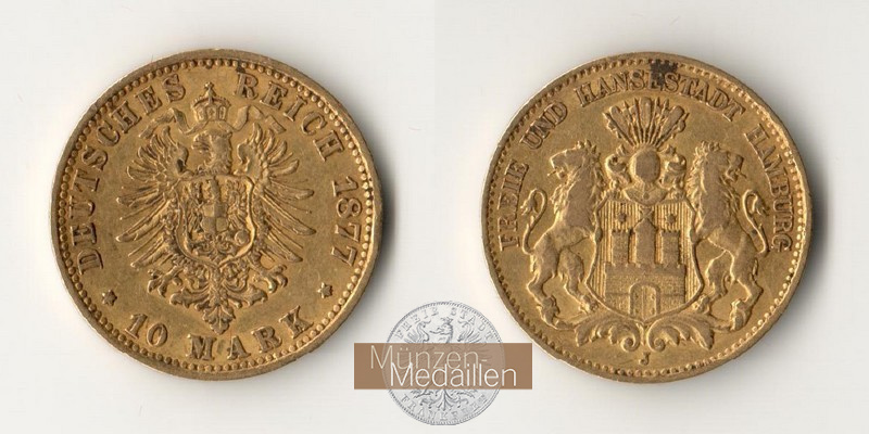 Hamburg, Kaiserreich 10 Mark 1877 J MM-Frankfurt Feingold: 3,58g Freie und Hansestadt Hamburg  