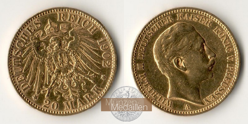 Preussen, Kaiserreich  20 Mark MM-Frankfurt Feingold: 7,17g Wilhelm II.  1888-1918 1902 A 