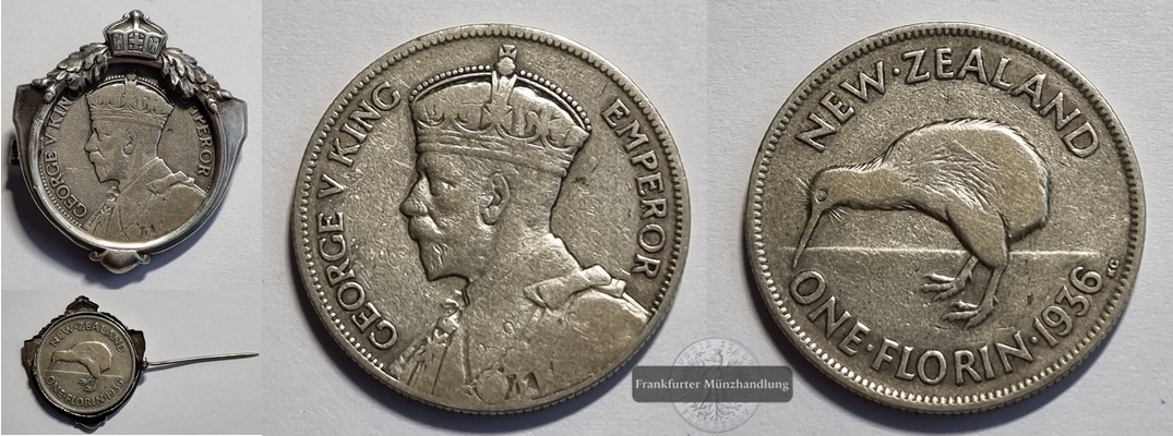  Neuseeland 2 Schilling (1 Florin) 1936, mit Münzbrosche FM-Frankfurt   