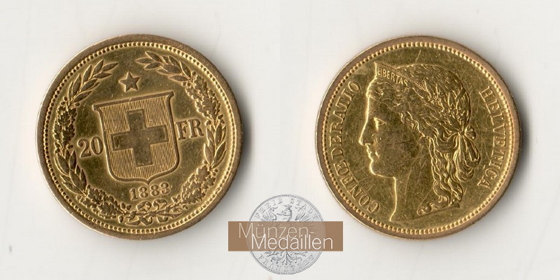 Schweiz MM-Frankfurt Feingewicht: 5,81g 20 Francs 1883 