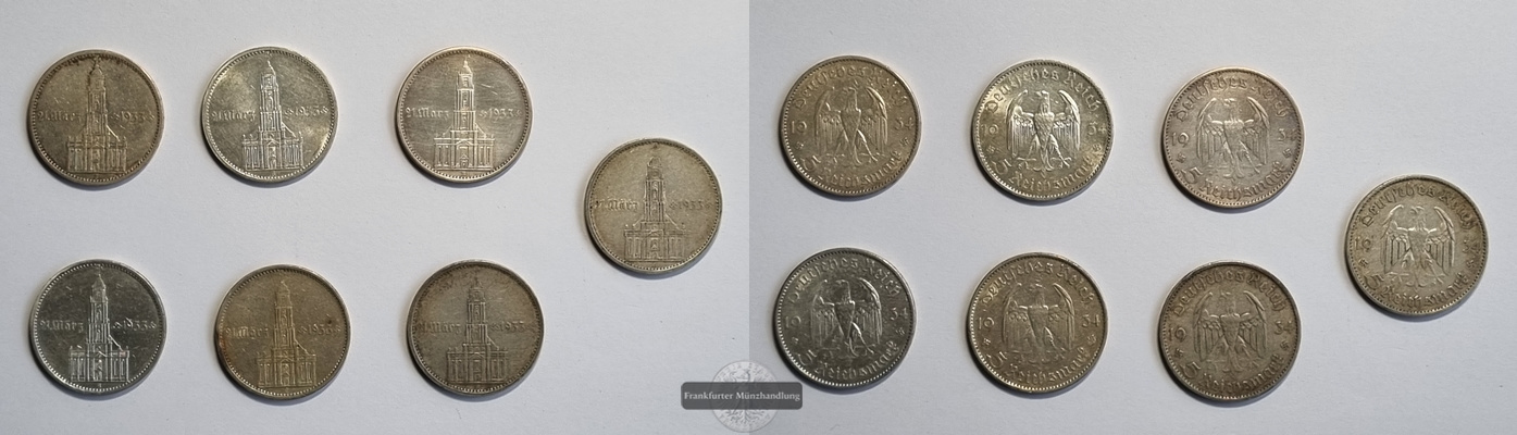  Deutschland-Drittes Reich 7 x 5 Reichsmark, 1934 Garnison FM-Frankfurt Feinsilber: 12,5   