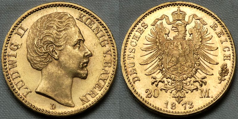  Goldmünze Kaiserreich Bayern 20 Mark 1873 Ludwig II. Top !!! VZ-ST !!!   