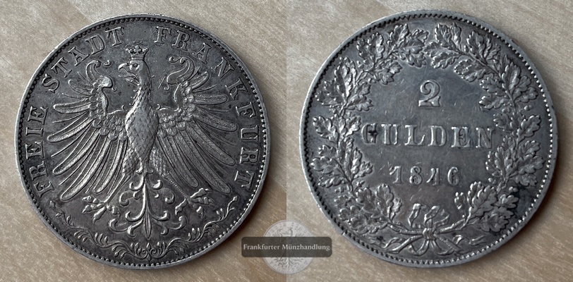  Frankfurt Freie Stadt 2 Gulden 1846 J#6 KM#333  FM-Frankfurt  Feinsilber: 19,08g   