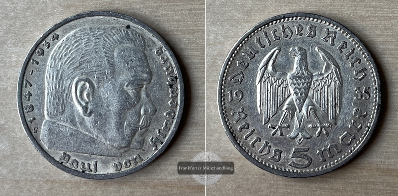  BRD, Drittes Reich 5 Reichsmark  Paul von Hindenburg J#360  FM-Frankfurt  Feinsilber:12,50g   