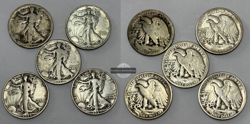  USA, 5x Half Dollar  1919-1947   Walking Liberty     FM-Frankfurt Feinsilber: 56,25g   