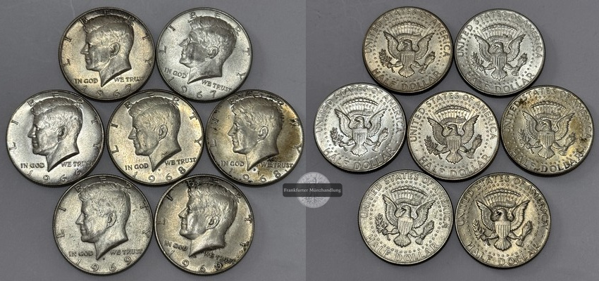  USA   7x Half Dollar   1966-1969 Kennedy   FM-Frankfurt   Feinsilber: 35g   