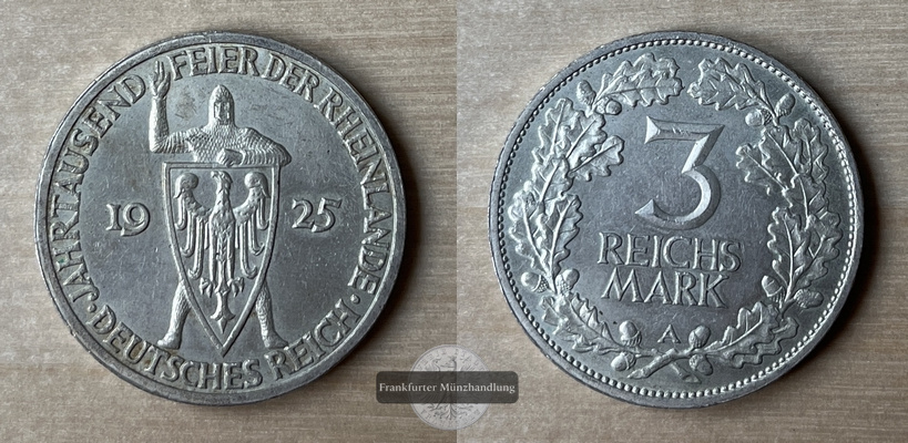  Rheinland 5 Reichsmark 1929 A J#321 FM-Frankfurt Gewicht: 12,5g Silber   