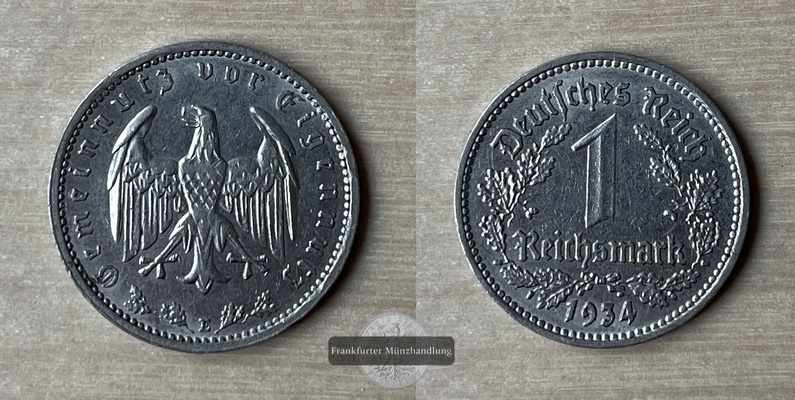  Deutschland, Drittes Reich 1 Reichsmark 1934 E Muldenhütten J#354 FM-Frankfurt   