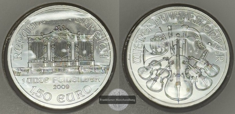  Österreich, 1,50 Euro Wiener Philharmoniker 2009 FM-Frankfurt KM#3159 Feinsilber: 31 g   