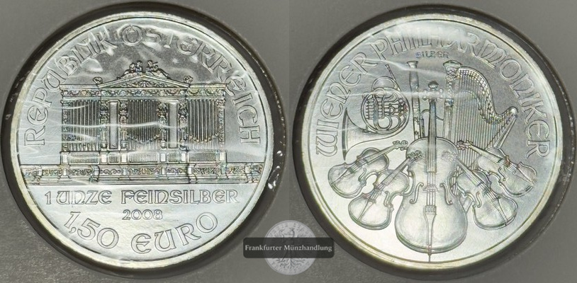  Österreich, 1,50 Euro Wiener Philharmoniker 2008 FM-Frankfurt KM#3159 Feinsilber: 31 g   