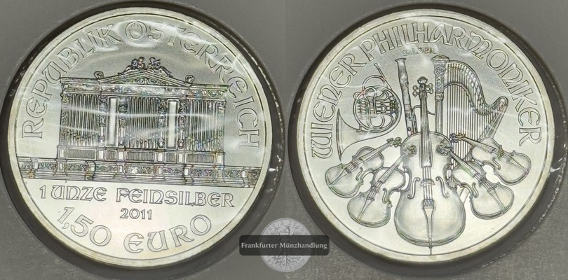  Österreich, 1,50 Euro Wiener Philharmoniker 2011 FM-Frankfurt KM#3159 Feinsilber: 31 g   