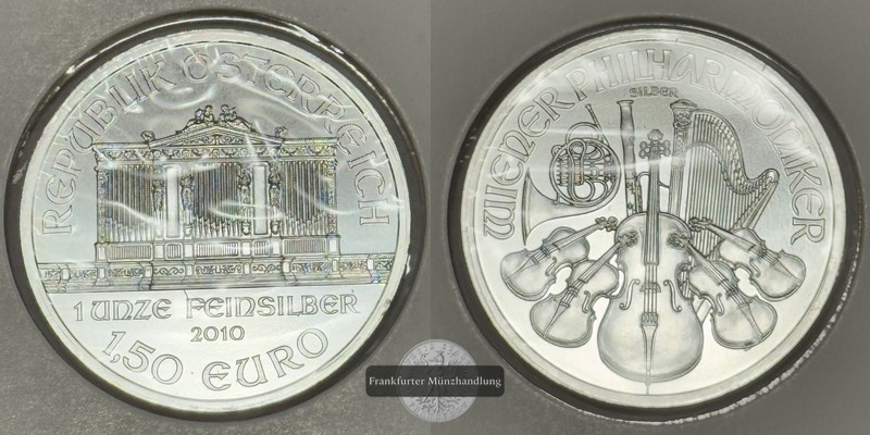  Österreich, 1,50 Euro Wiener Philharmoniker 2010 FM-Frankfurt KM#3159 Feinsilber: 31 g   