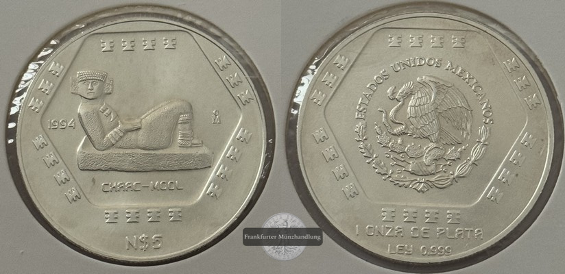  Mexiko  5 Pesos  1994 Chaac Mool  FM-Frankfurt  Feingewicht: 30g   