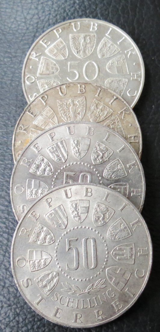  Österreich 50 Schilling; 4 Münzen verschiedener Jahrgänge 2x 1964, 1971, 1972; 72 g Feinsilber   