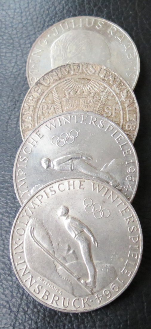  Österreich 50 Schilling; 4 Münzen verschiedener Jahrgänge 2x 1964, 1971, 1972; 72 g Feinsilber   