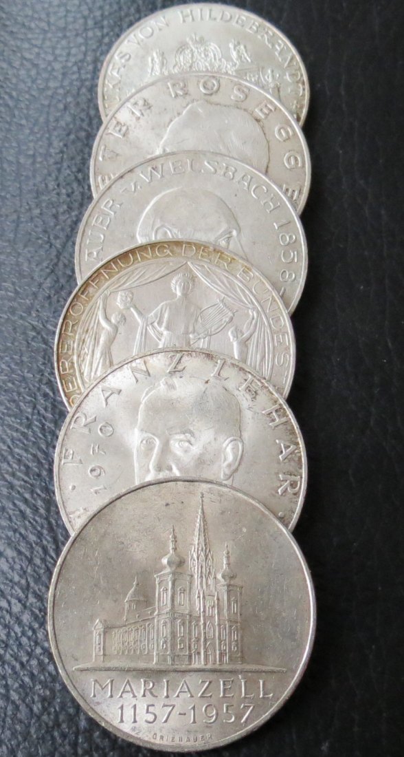  Österreich 25 Schilling 6x;verschiedene Jahrgänge 1955,1957,1958,1968,1969,;62,4 g Feinsilber   