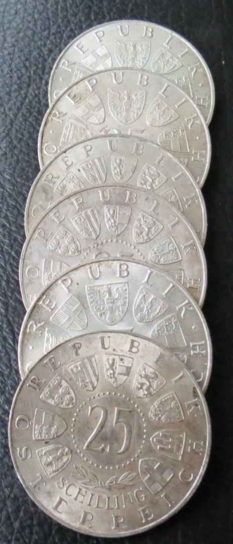  Österreich 25 Schilling 6x;verschiedene Jahrgänge 1955,1957,1958,1968,1969,;62,4 g Feinsilber   