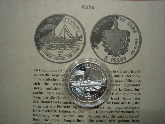  Kuba 5 Pesos 1993. Geschichte der Seefahrt. Silber Proof   